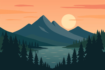 Illustration of a landscape. Mountain landscape with a lake and fir trees at sunset.