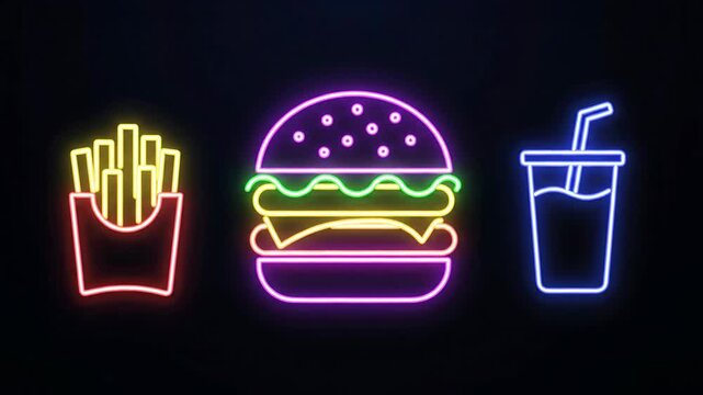 Glowing neon outlines brightly display a classic fast food combo of a hamburger, french fries, and soda, creating a vibrant, retro aesthetic against a dark black background.