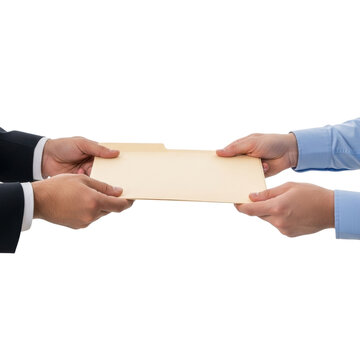 Business hands exchanging manila file folder on clean white background