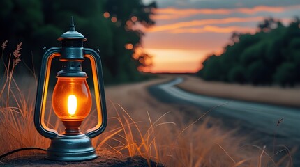 An antique lantern glows in crisp detail, while a moonlit country trail and distant silhouettes fade gently under the night sky.