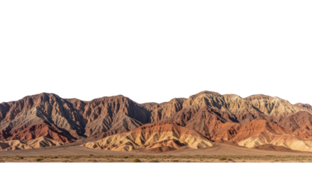 Colorful desert mountains with rugged rock formations and sandy foreground isolated on white