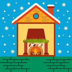A vivid illustration of a winter house. A cozy winter home with a fireplace and Christmas stockings.