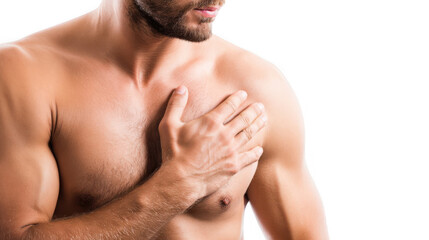 Shirtless man gripping his chest with one hand, experiencing intense chest pain, highlighted in red, set against a transparent background, conveying a sense of medical urgency and discomfort