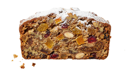 Delicious fruitcake slice with nuts and dried fruits, dusted with powdered sugar, transparent background