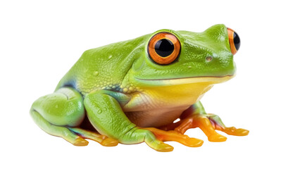 Isolated Green Tree Frog resting, exotic animal, rainforest amphibian, closeup, looking