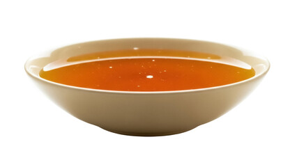 Isolated bowl of broth for soup or stew, liquid food in beige dish, healthy meal preparation