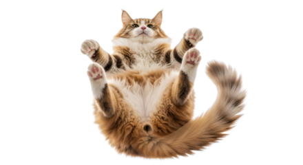 Fluffy Ginger and White Cat Lying on Back with Paws Up Looking Up, Isolated on White Background