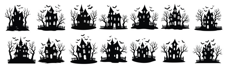 Halloween haunted houses with bats and bare trees spooky vector illustration