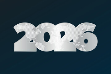 2026 New Year silver vector icon. Sign with world map. Illustration for decoration, celebration, winter holiday, infographic element, greeting, media, news, report