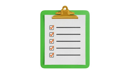 Isolated green clipboard with golden clip and a sheet of paper marked with orange checkmarks
