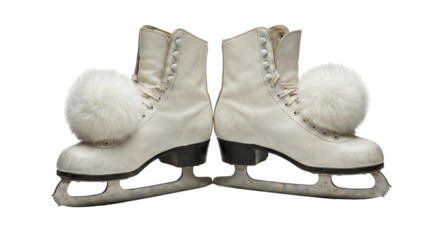 A pair of classic white ice skates with fluffy pom-poms, transparent background