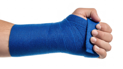 Close up view of a man wearing a gray arm sling, illustrating injury and support while highlighting the healing process, isolated against a transparent background