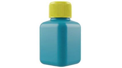 Teal plastic bottle with yellow cap isolated PNG, container for liquid medicine or personal care product on transparent background