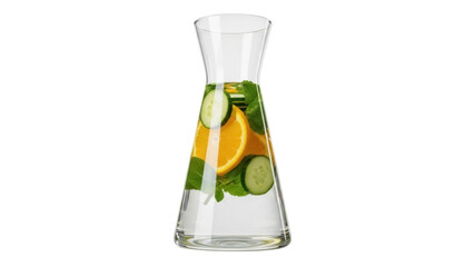 Infused water in glass carafe isolated PNG, refreshing drink with orange, cucumber and mint on transparent background