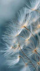 Obraz premium Delicate Dandelion Seed Heads on Blue Background in Soft Focus
