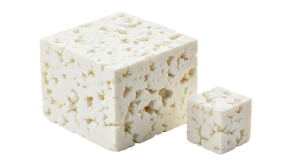 Isolated block of feta cheese, dairy product, cubes of cheese on a plain background, appetizer