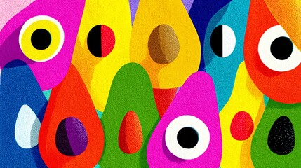 A colorful drawing of many avocados with different colored eyes. The drawing is abstract and colorful, with a mood of playfulness and creativity