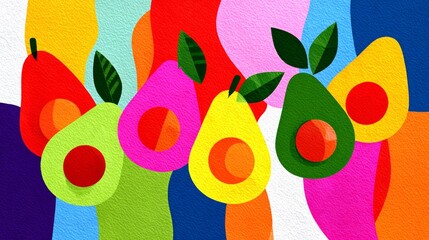 A colorful painting of four avocados and two oranges. The painting is abstract and has a vibrant, lively feel to it