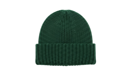 Knitted dark green beanie hat isolated PNG, winter headwear for cold weather fashion and outdoor activities on transparent background