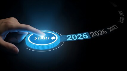 Hand pressing start button with glowing blue interface and timeline finger