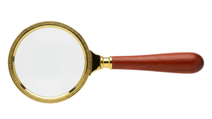 Magnifying glass with golden frame and wooden handle isolated PNG, classic detective tool for investigation and close inspection