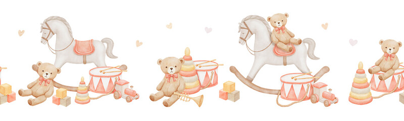 Seamless border with rocking horse, vintage bear and toy, hand drawn watercolor pastel illustrations