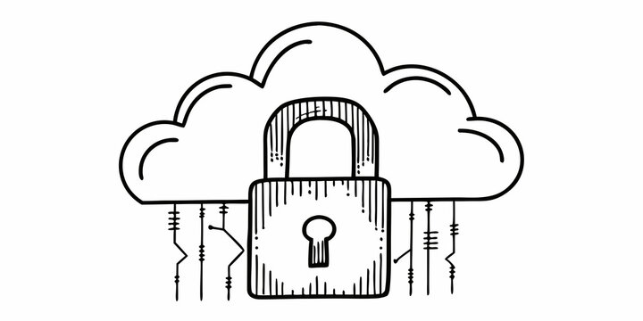 Secure cloud computing concept with padlock and digital data cloud line art vector