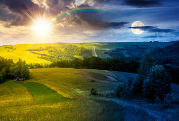 agricultural fields on hills. time change concept. beautiful summer landscape with sun and moon. rolling scenery of mountainous rural area. uncertainty, trust issues, and the difficult relationship