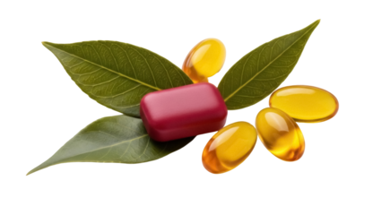Isolated supplements with herbal leaves, wellness products or nutrient food ingredient capsules
