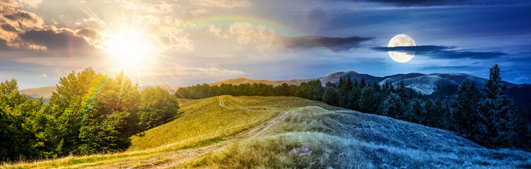 panorama of mountain ridge. day and night time change concept. country dirt road runs through grassy meadow near forest with sun and moon. location for hiking. harmony and progress calendar