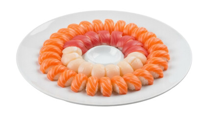 Isolated platter of sushi nigiri pieces, salmon, tuna, and scallop arrangements, catering meal