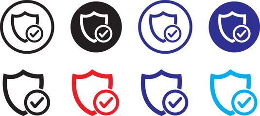 shield icon set with check mark. Protection approve icon. Approved safety icon.  icon with editable line stroke
