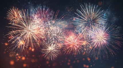Naklejka premium Colorful firework celebration abstract holiday background with vibrant bokeh lights in night sky, symbolizing New Year joy, optimism, festive atmosphere, celebration energy seasonal greeting concepts