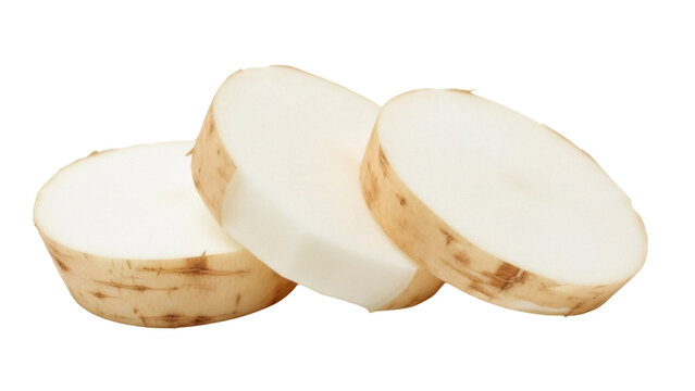 Isolated Sliced daikon radish roots on a neutral background, healthy vegetable ingredient