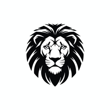A stylized black and white lion head, bold lines and details with focused gaze