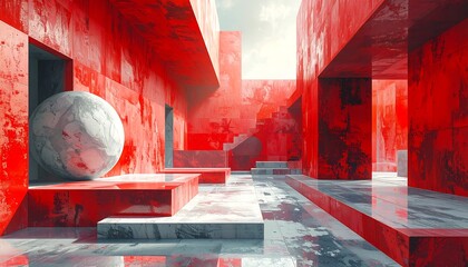 Red & white marble abstract geometric architecture with a large sphere & stairs, under a cloudy sky
