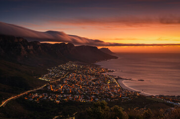The sunset view point on the Lion head trail with a city light view on Capetown  © Peerawat