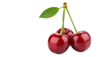 Three ripe red cherries with stem and leaf isolated PNG, fresh summer fruit on transparent background for healthy eating and dessert concepts