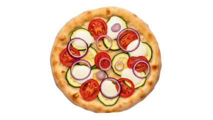 Delicious vegetarian pizza with tomatoes, zucchini, mozzarella and red onion isolated PNG, healthy Italian cuisine on transparent background