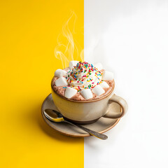Warm hot chocolate with marshmallows and sprinkles