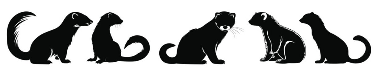 Obraz premium ferret silhouette black and white vector set weasel ferret