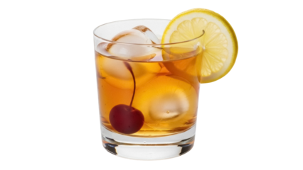 Isolated classic old fashioned cocktail with lemon slice, bourbon and maraschino cherry
