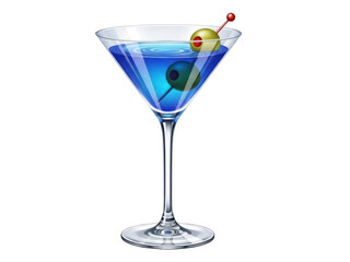 Isolated Blue Martini Glass with Olives on Skewer, Clear Drink, Classic Glassware, Alcohol