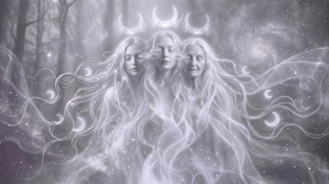 Wicca Triple Goddess Symbol Rising Above Moon Phases In Sacred Mist