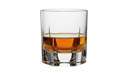 Whiskey in a glass isolated PNG, amber liquid in a short tumbler on transparent background, alcoholic beverage for bar and restaurant use