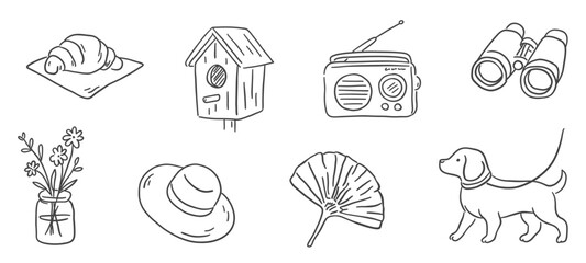 Hand drawn doodle icons set in clean line art style. Cozy everyday objects and nature elements for planners, stickers, branding, social media, packaging and modern graphic design.