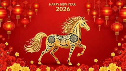 Golden Horse with Black Patterns Running on Red Background with Lanterns and Flowers