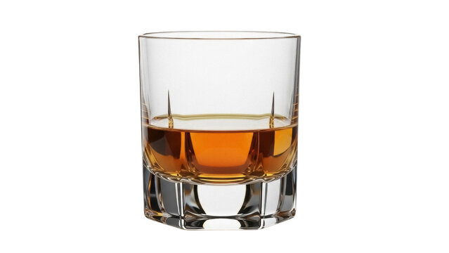 Whiskey in a glass isolated PNG, amber liquid in a short tumbler on transparent background, alcoholic beverage for bar and restaurant use