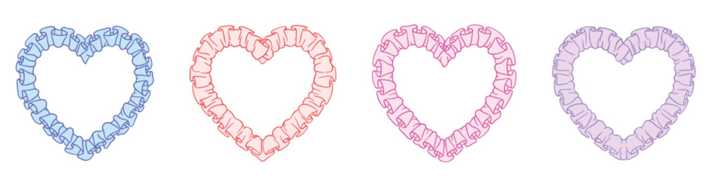 Hand drawn pastel heart shapes made of soft fabric scrunchie ruffles. Cute romantic illustration in blue pink and lilac colors, perfect for love themes, Valentine designs, stickers, prints and decorat