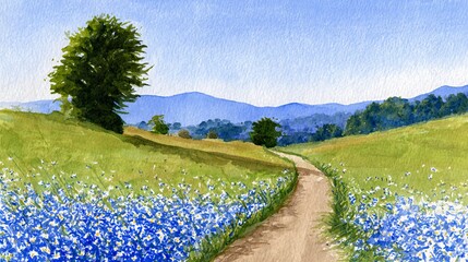 Watercolor countryside landscape with blue sky meadow field and wild flowers, rural nature scenery on textured paper, spring and summer seasonal illustration for art design and creative background use